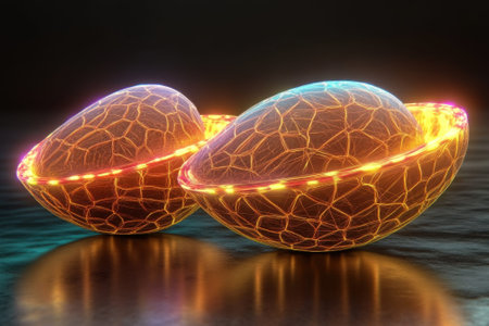 Two luminous orbs with intricate patterns rest on a reflective surface, glowing in a dark setting.の写真素材