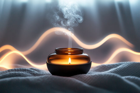 A candle burns gently, releasing soft smoke that swirls beautifully in a tranquil setting.の写真素材
