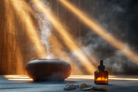 Vapor rises from an essential oil diffuser, illuminated by warm sunlight in a tranquil setting.の写真素材