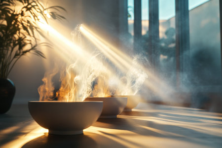 Soft rays of sunlight illuminate the room as fragrant smoke drifts from bowls, creating a serene atmosphere.の写真素材