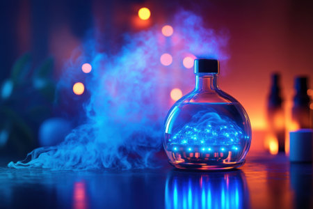 A glass bottle filled with glowing blue liquid emits mystical smoke in a softly lit environment.の写真素材