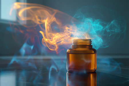 Smoke in vibrant colors surrounds a glass jar, creating a captivating visual effect in low light.の写真素材