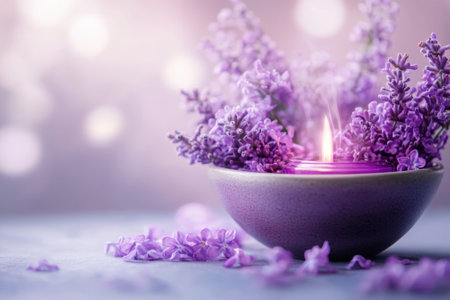 A calming lavender candle surrounded by fresh lavender flowers creates a serene atmosphere in soft light.の写真素材