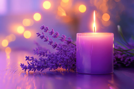 A purple candle is lit next to fresh lavender flowers, creating a calming and serene atmosphere with warm light.の写真素材