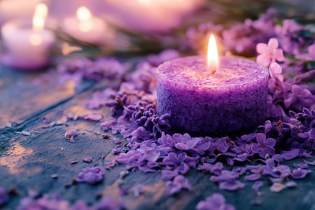 A peaceful atmosphere with a glowing purple candle surrounded by lavender petals on weathered wood.の写真素材