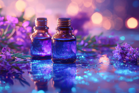 Two small glass bottles containing essential oils are surrounded by purple flowers and glowing lights at night.の写真素材