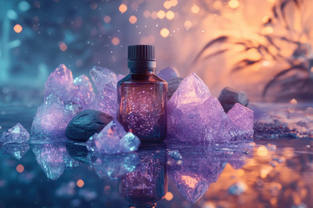A potion bottle sits among shimmering crystals and stones, reflecting colors in a serene twilight environment.の写真素材