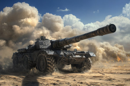 A military tank navigates a dusty terrain, sending up clouds of dust among a dynamic sky backdrop.の写真素材