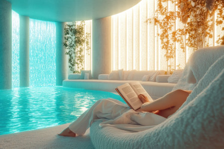 A person enjoys a tranquil reading experience next to a glowing indoor pool surrounded by lush greenery.の写真素材