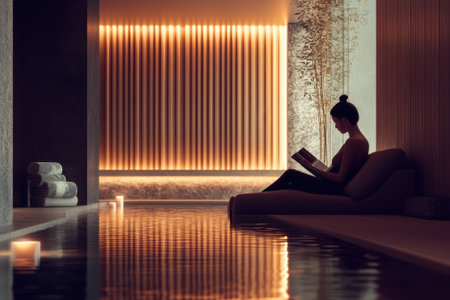 A person enjoys reading while seated by the water in a calming spa environment during the evening.の写真素材