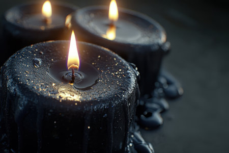 Three black candles burn gently, their flickering flames illuminating the surrounding darkness.の写真素材
