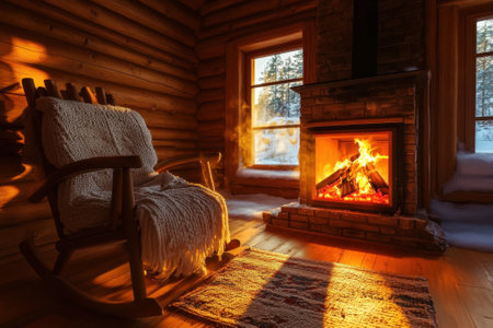 A rustic cabin features a rocking chair, a crackling fire, and sunlight illuminating the serene atmosphere.の写真素材