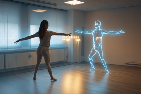 A performer is engaged in a dance with a glowing holographic figure in a well-lit studio environment.の写真素材