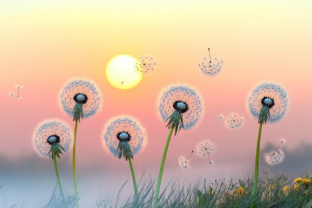 Dandelions stood tall against a pastel sky at sunrise, with seeds gently floating away in the breeze.の写真素材