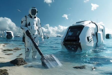 A robotic figure operates machinery in shallow water while high-tech vehicles float nearby under a bright sky.の写真素材