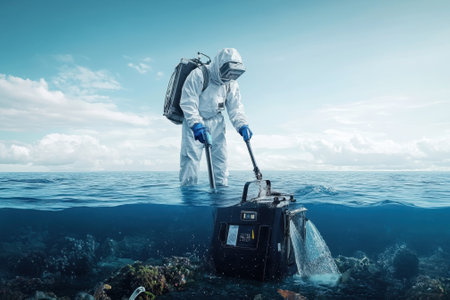 A scientist in a protective suit carefully collects water samples from the surface of the ocean at midday.の写真素材
