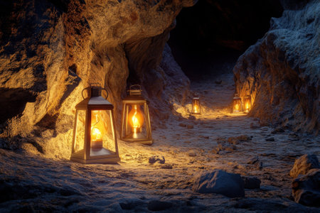 Lanterns cast warm light along a rocky cave, creating a peaceful atmosphere in the darkness.の写真素材