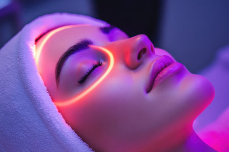 A woman enjoys a rejuvenating facial treatment featuring luminous light therapy in a calming spa atmosphere.の写真素材