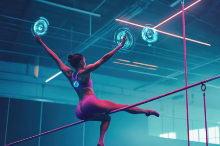 A performer skillfully navigates a tight rope in a dimly lit space, showing balance and agility.の写真素材