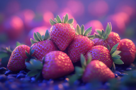Bright red strawberries with green leaves are beautifully stacked against a purple backdrop.の写真素材
