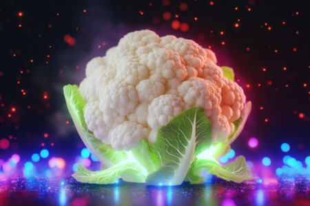 Cauliflower sits illuminated against a vibrant, colorful backdrop, showing its fresh appeal and texture.の写真素材