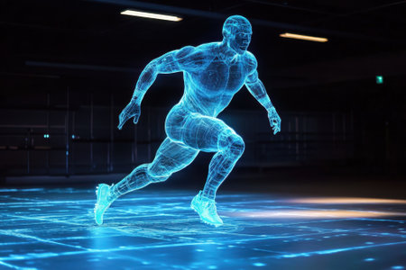 A digital representation of a sprinter uses advanced technology in a sleek training facility.の写真素材