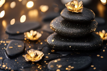 Decorative stones are arranged with golden flower accents illuminating a serene atmosphere at night.の写真素材
