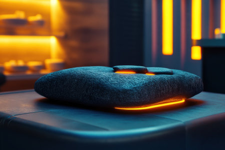 Soft cushion with glowing light rests on a table in a contemporary interior, creating a warm ambiance.の写真素材