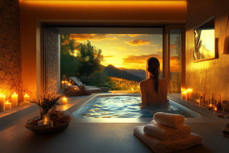 A person enjoys a tranquil spa experience at sunset, surrounded by candles and a stunning mountain landscape.の写真素材