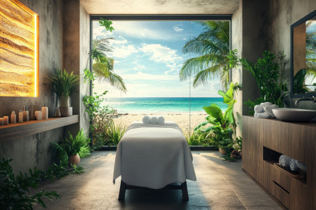 A tranquil spa room features a massage table by a large window, revealing a beautiful beach and palm trees.の写真素材