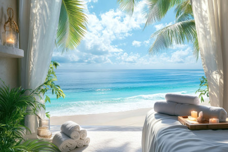 A tranquil beachside location offers a spa experience with ocean views, lush greenery, and soft towels.の写真素材