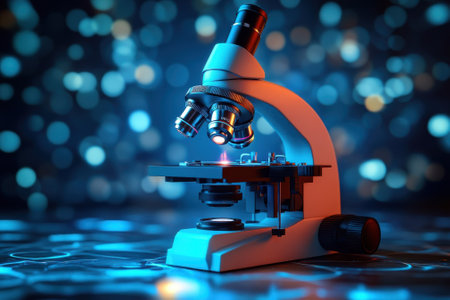 A detailed microscope stands prominently with illuminated slides, highlighting a scientific study in progress.の写真素材
