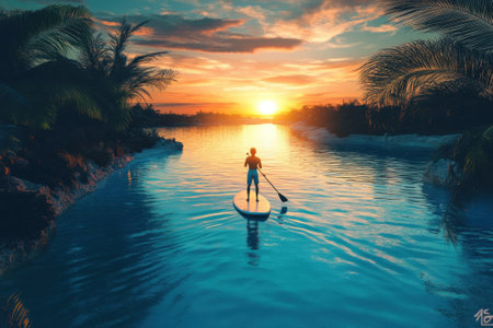 A person paddleboards on tranquil water during sunset, surrounded by lush trees and vibrant colors.の写真素材