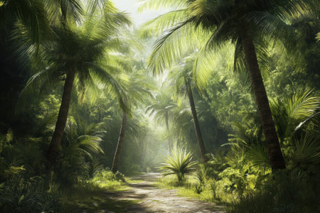 A serene pathway winds through a dense tropical forest, bathed in warm sunlight and surrounded by lush greenery.の写真素材