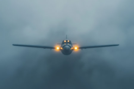A military aircraft is navigating through thick fog, its landing lights glowing to enhance visibility.の写真素材
