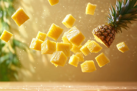 Pineapple is cut into cubes and suspended in the air above a wooden surface, creating a dynamic and colorful effect.の写真素材