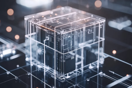 A detailed transparent cube displays complex circuitry and designs in a high-tech, illuminated setting.の写真素材