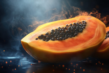 Juicy papaya halves reveal bright orange flesh and shiny black seeds, illuminated by dramatic lighting effects.の写真素材