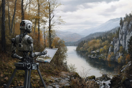 A robot stands by a river in autumn, focused on capturing the picturesque scenery on canvas.の写真素材