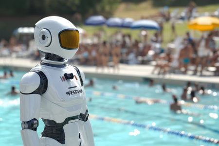 A robot overlooks a crowded pool filled with swimmers, umbrellas, and sunbathers on a warm day.の写真素材