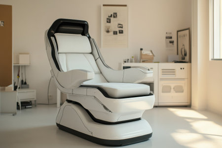 A sleek ergonomic chair sits in a sunlit room, showcasing modern design and comfort features.の写真素材