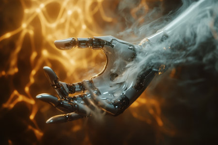 A metallic robotic hand extends outward, enveloped by dynamic smoke and illuminated by orange light.の写真素材