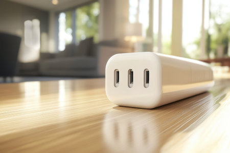 A sleek charging station with multiple USB ports sits on a polished wooden floor in a sunlit living room.の写真素材