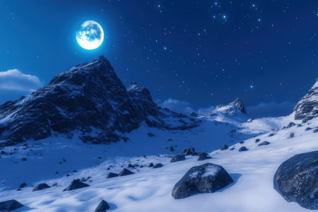 A large, luminous moon shines over a tranquil snowy mountain scene, surrounded by stars twinkling in the dark.の写真素材