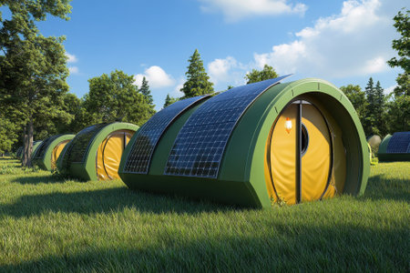 Unique solar-powered cabins set in a lush green area, showcasing sustainable living in nature.の写真素材