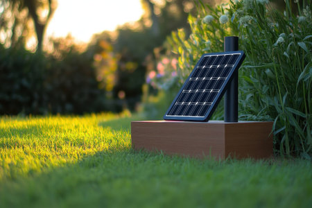 A solar panel stands on a wooden base amidst lush green grass and blooming flowers, bathed in warm light.の写真素材