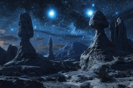 A breathtaking view of towering rock formations under a starry sky at night showcases a serene and isolated landscape.の写真素材