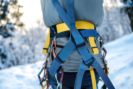 A climber secures her harness amidst stunning snowy landscape, ready for an exciting ascent.の写真素材
