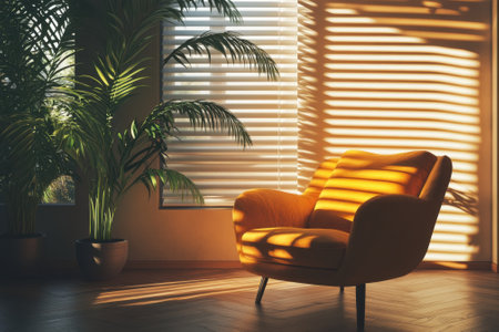 Warm sunlight filters through blinds, casting stripes on a yellow chair next to lush green plants.の写真素材
