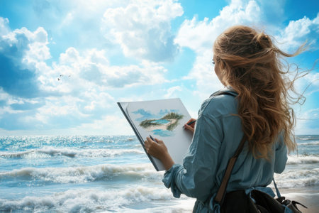 A young woman captures the beauty of a serene ocean scene while standing near the shore, enjoying the breeze.の写真素材